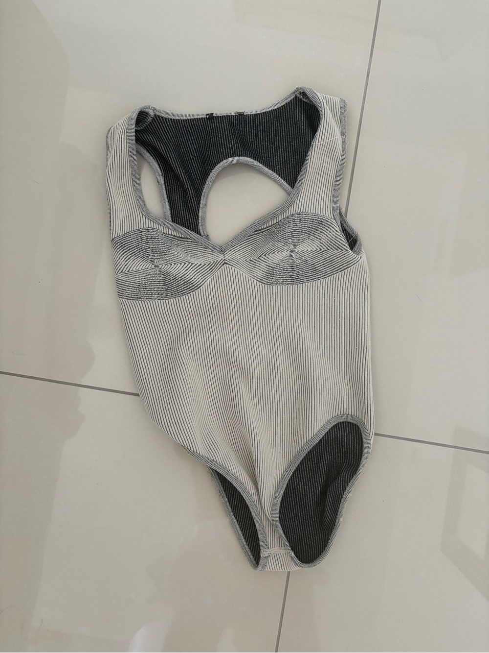 Ribbed Two-Tone Swimsuit Bodysuit in Light beige and Charcoal